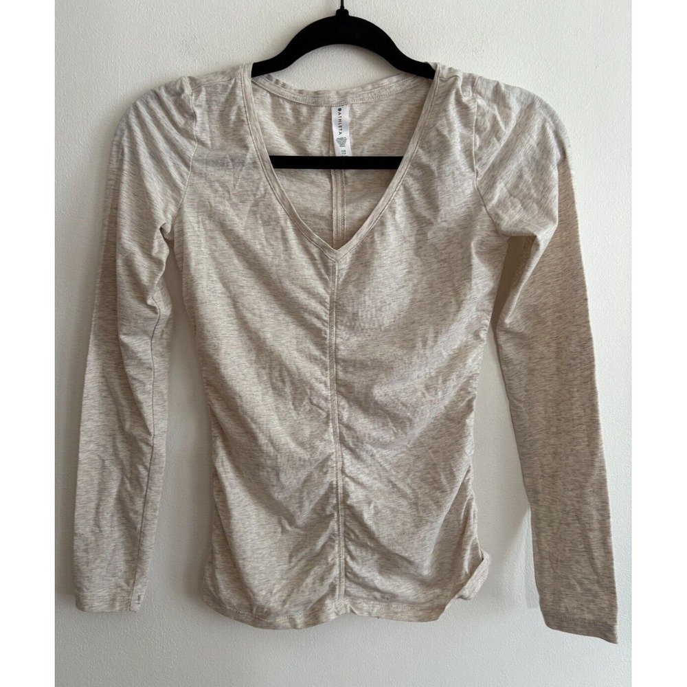 Athleta Daydream‎ Top Rouched Fitted Balletcore Light Gray Long Sleeve Size XXS